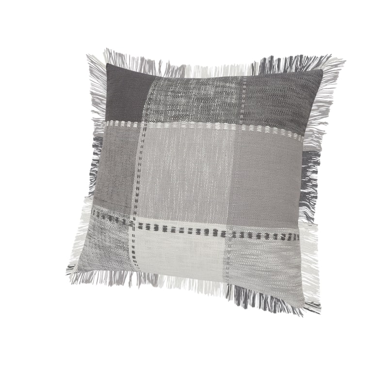 Sevita Monochrome Patchwork Plaid Throw Pillow with Fringe
