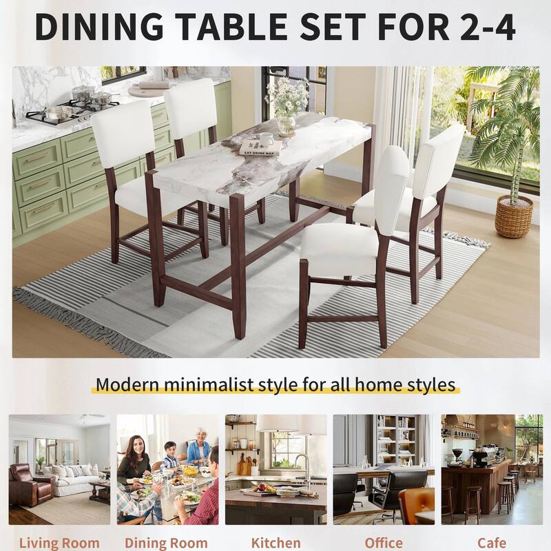 Space-Saving Dining Set - Marble Table & 4 Chairs