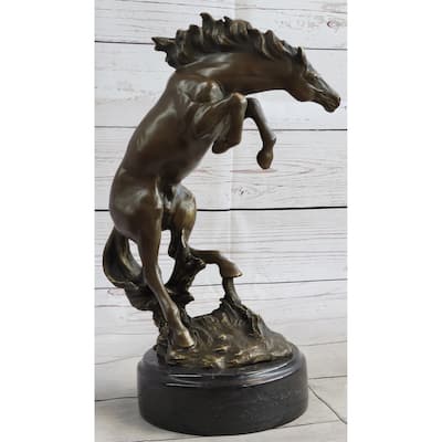 Rearing Horse Bronco Stallion Bronze Statue Sculpture Figure Marble Base 12 Inches X 9.5 Inches
