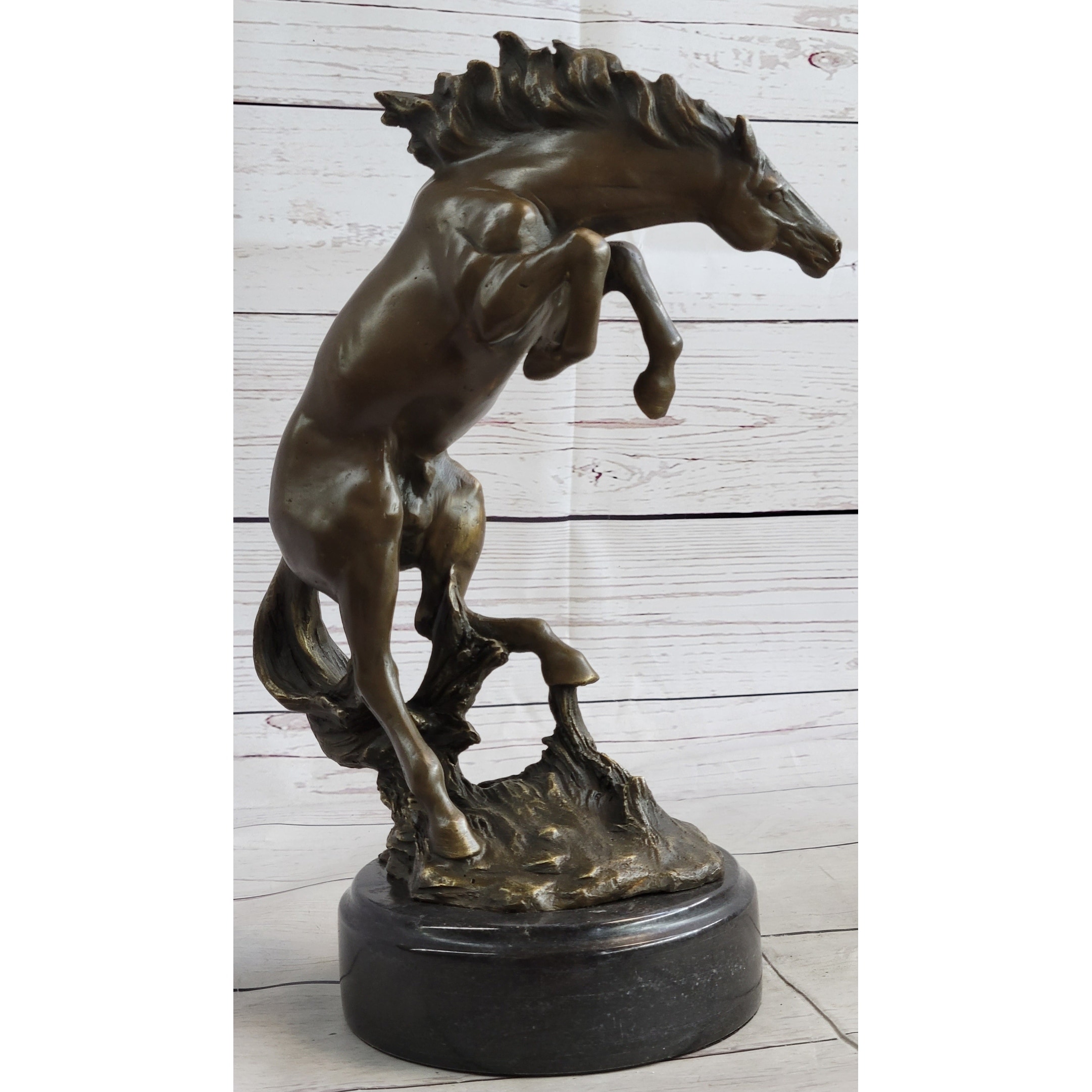 Rearing Horse Bronco Stallion Bronze Statue Sculpture Figure Marble Base 12 Inches X 9.5 Inches