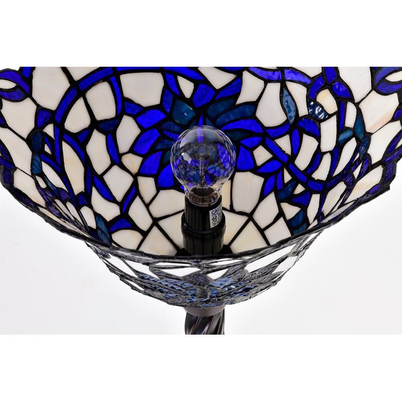 Prim 14-inch Blue/White Flower Design Glass/Bronze Tiffany-Style Torchiere Lamp