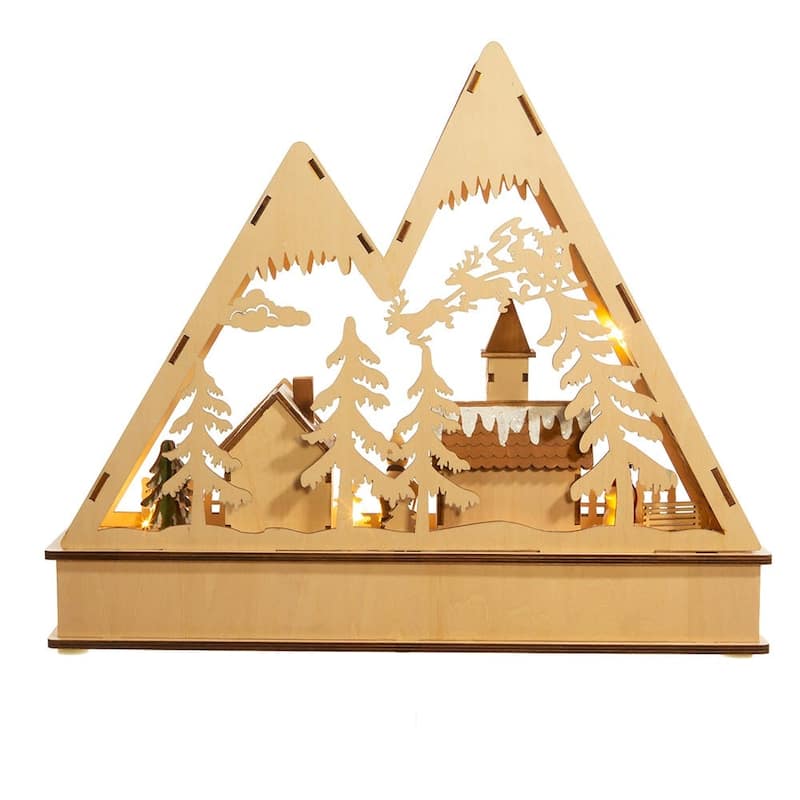 Kurt Adler 11.4-Inch Battery-Operated Wooden Light Up Mountain Village with Santa