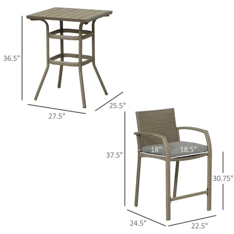 Outdoor Bar Table and Stool Set Rattan with Khaki Cushions Weather Resistant Patio Furniture - 27.5" L x 25.5" W x 35.75" H