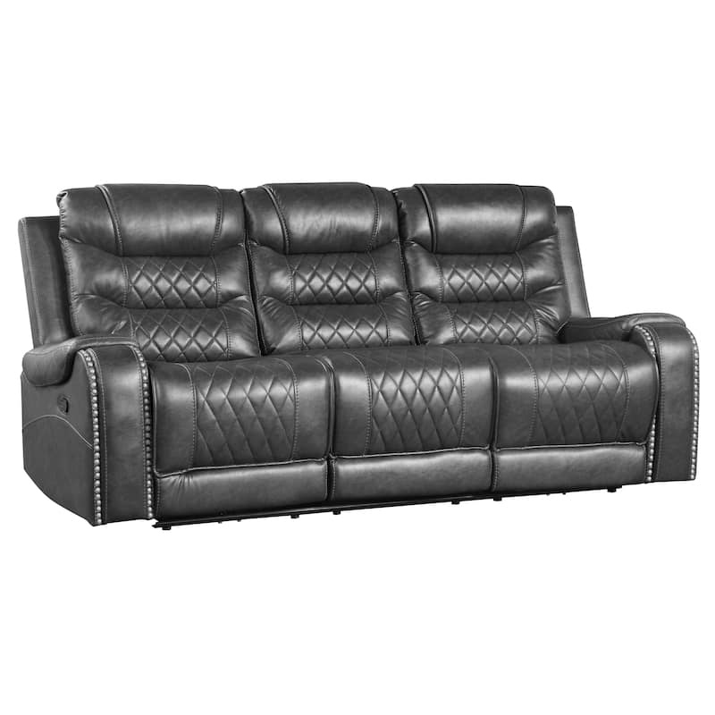 Paul 87 Inch Power Recliner Sofa, Drop Table Cupholders Gray Faux Leather