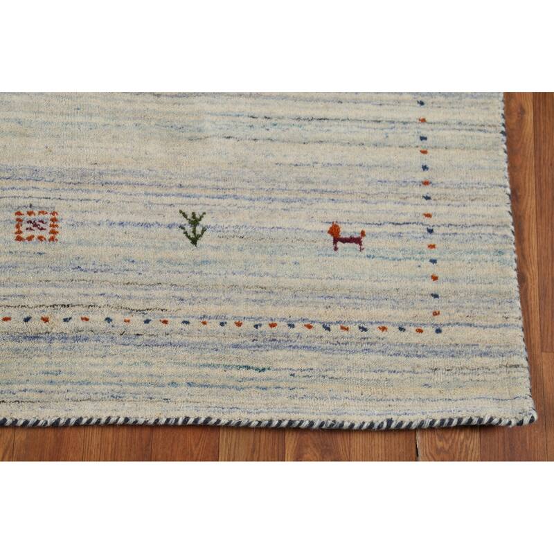 Ivory & Blue Striped Gabbeh Accent Rug Hand-Knotted Wool Carpet - 4'0"x 5'9"