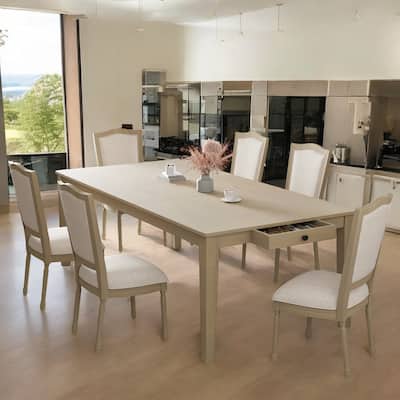Rustic 7-Piece Extendable Dining Table Set with 6 Upholstered Chairs, 18" Removable Leaf, Built-in Drawers, Solid Wood