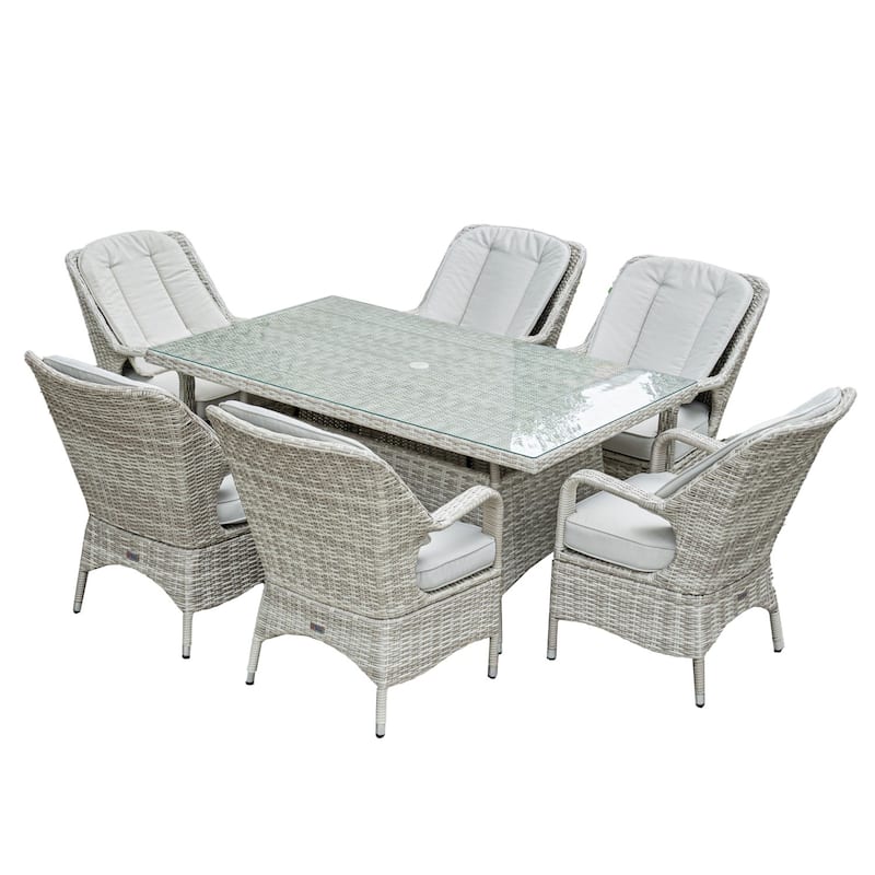 Modern 7-piece Outdoor Rectangular Wicker Aluminum Dining Set with 6 Chairs - Wash White