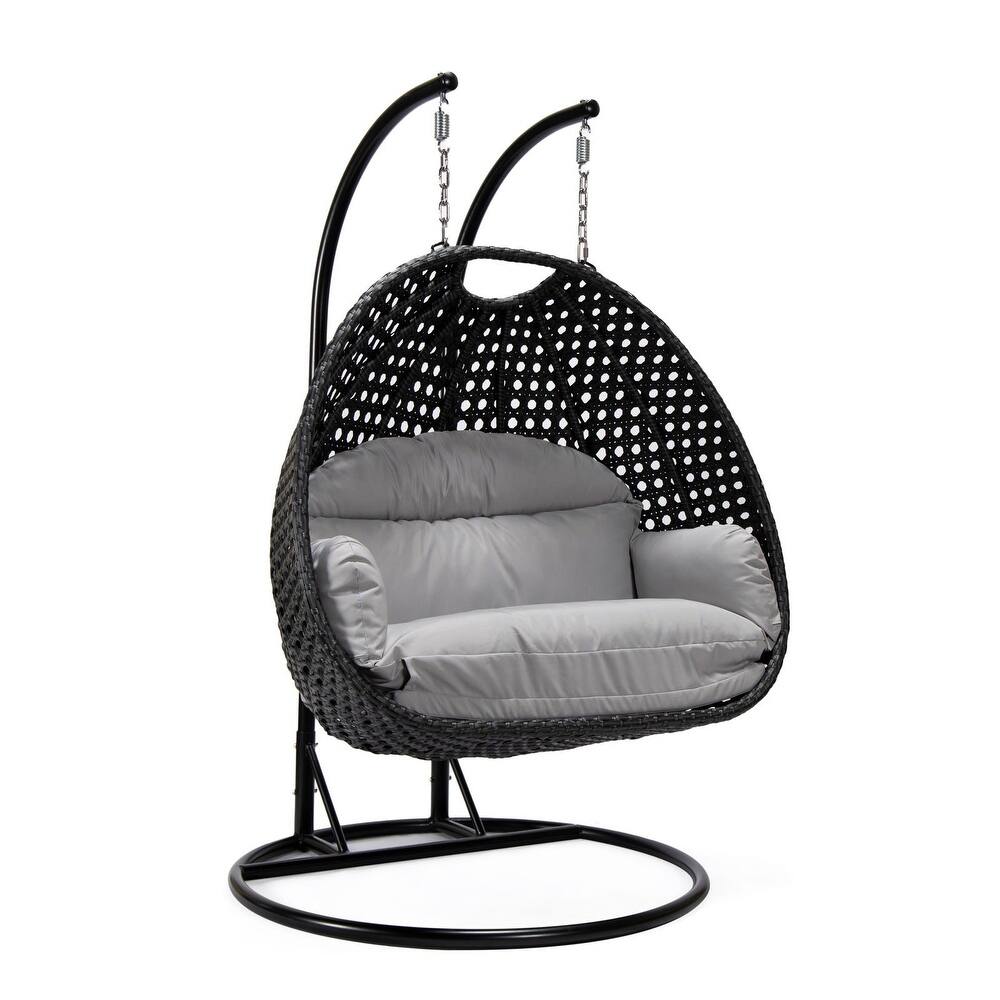 Patio 2-Person Hanging Egg Swing Chair Charcoal Wicker and Iron Frame Breathable Removable Cushion Covers by LeisureMod