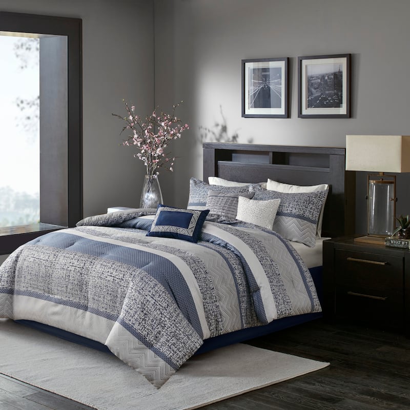 Madison Park Melody 7 Piece Jacquard Comforter Set - Navy - Queen
