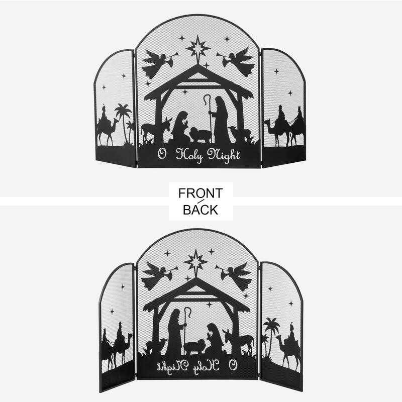 Glitzhome 29.75"H Christmas Metal Mesh Silhouette Nativity Scene Screen - Black