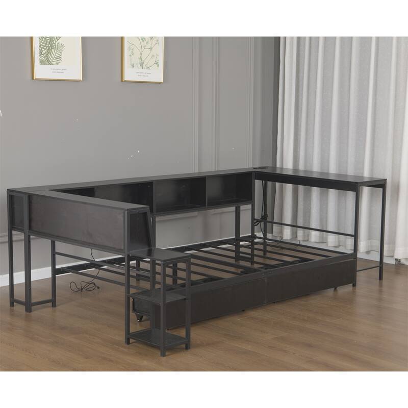 Corner Bed Frame Twin Size with 2 Underbed Storage Drawers, LED Light & Charging Station