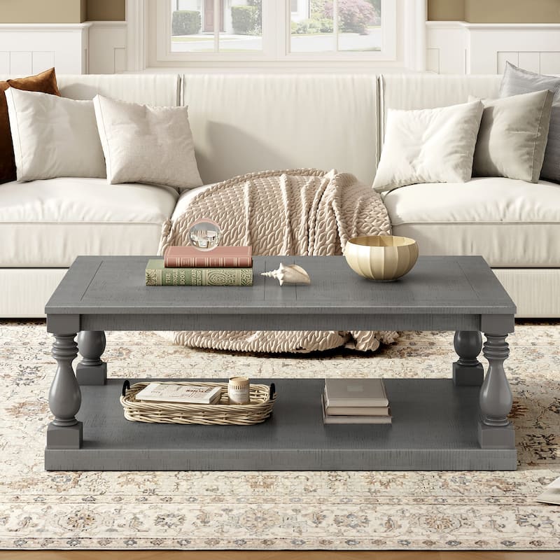 45.2*28.3 Inch Vintage Coffee Table with Bottom Shelf, Solid Wood Vase Column Legs