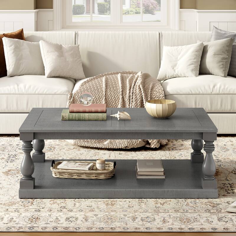Rustic Solid Wood Floor Shelf Coffee Table with Storage