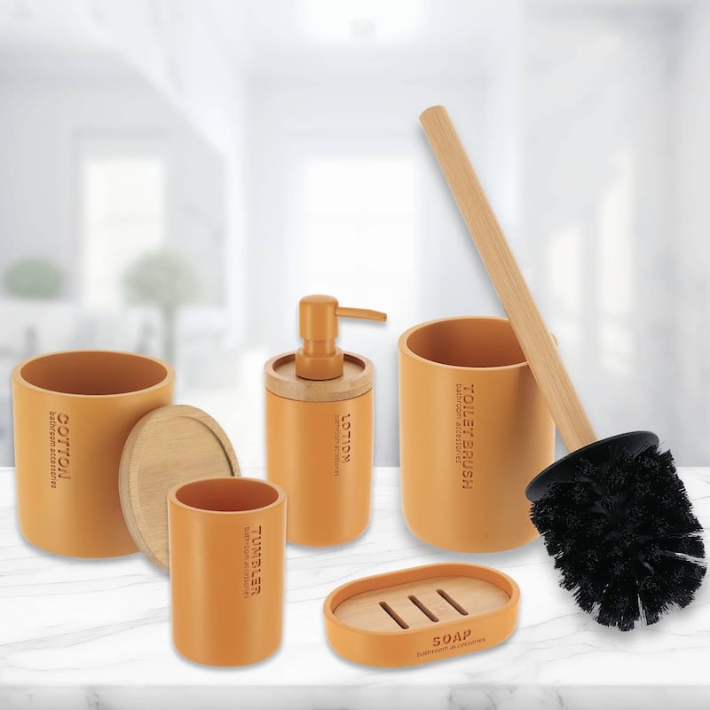 Bathroom Essentials Set Natural Bamboo Bath Set Accessories 5 pieces - Mustard Yellow