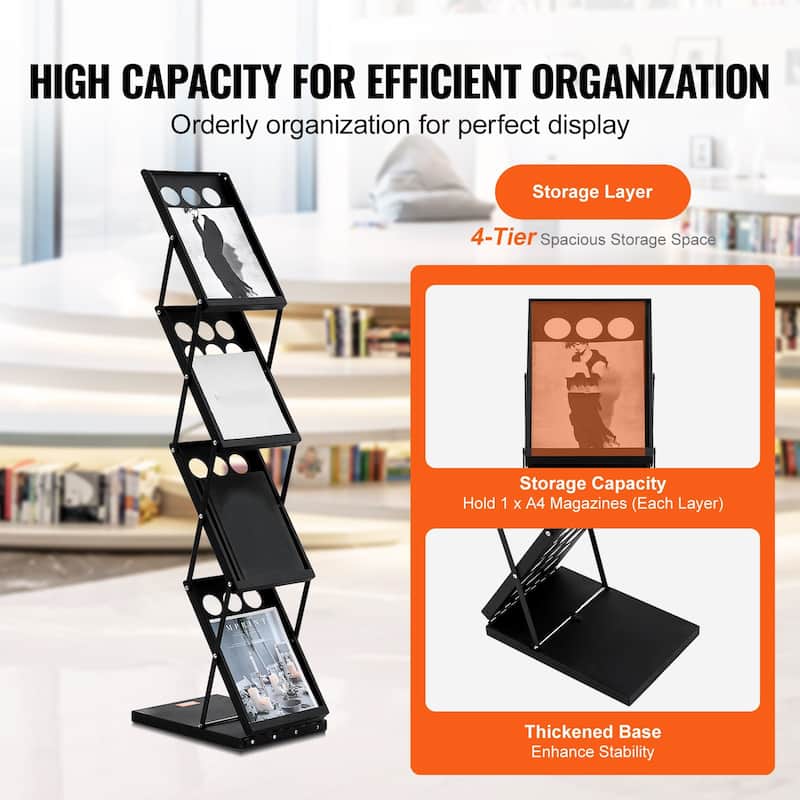 Foldable 4-Tier Magazine Rack with Carry Bag, Brochure Display Stand - 10.63 x 14.17 X 49.21 in
