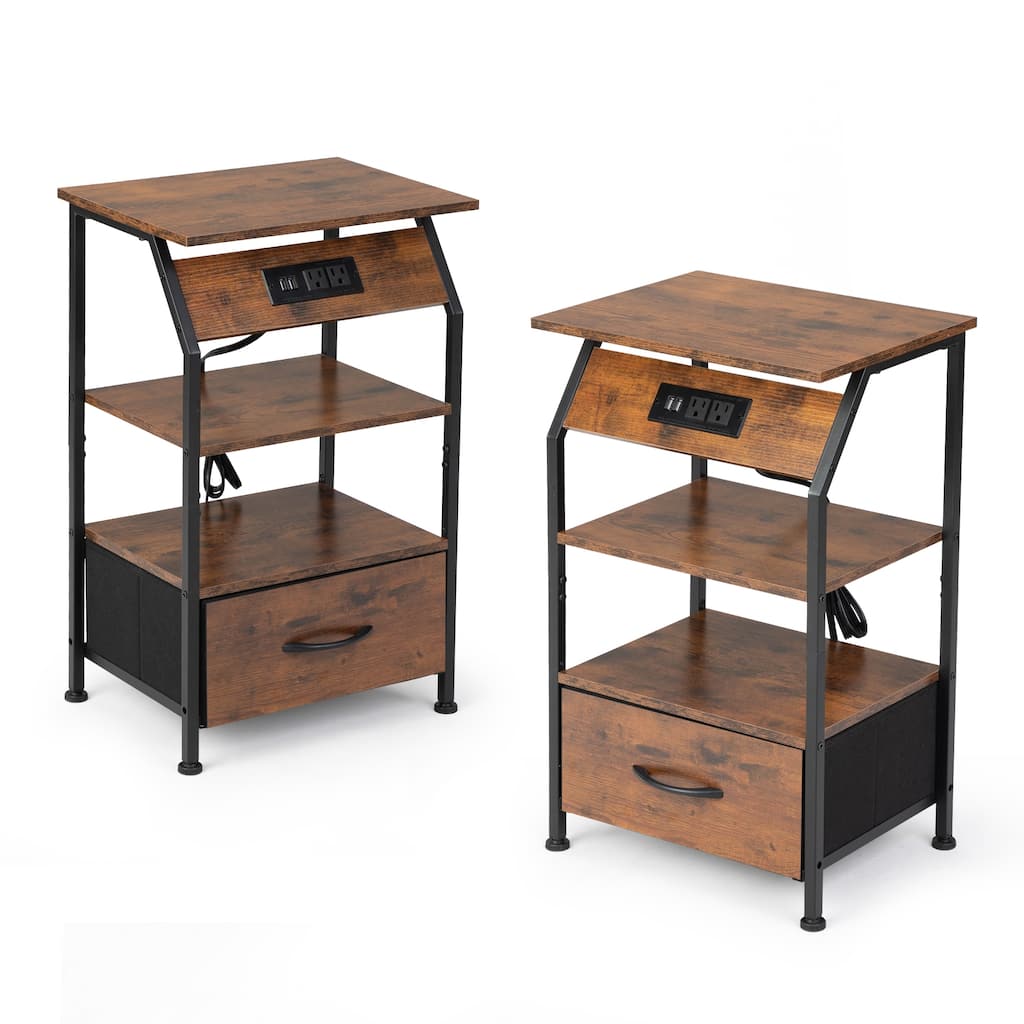 Vintage Style End Tables with USB Outlets - Rustic Brown Nightstands Set