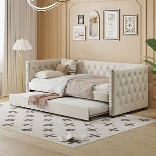 Twin Size Tufted Upholstered Daybed with Trundle, Velvet Sofabed with Rivet Design, No Box-spring Needed