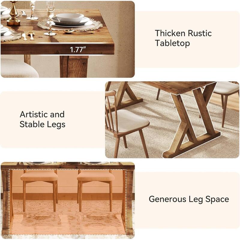 63 Inches Farmhouse Rectangular Solid Wood Dining Table for 4-6 People