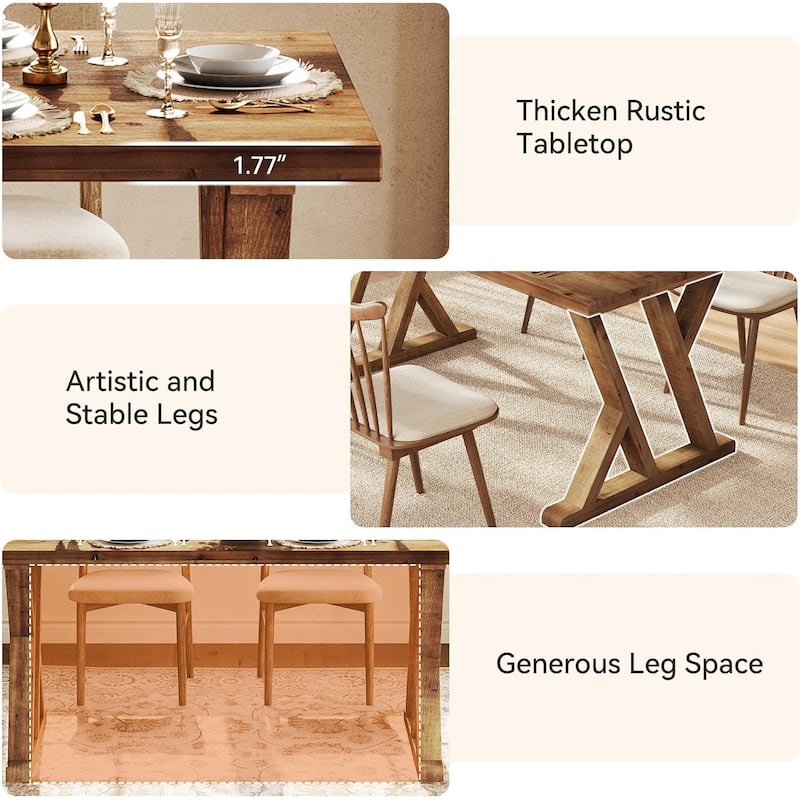 Solid Wood Dining Table for 4-6 People, 63 Inch Rectangular Farmhouse Kitchen Table - 62.99" L x 31.5" W x 29.92" H