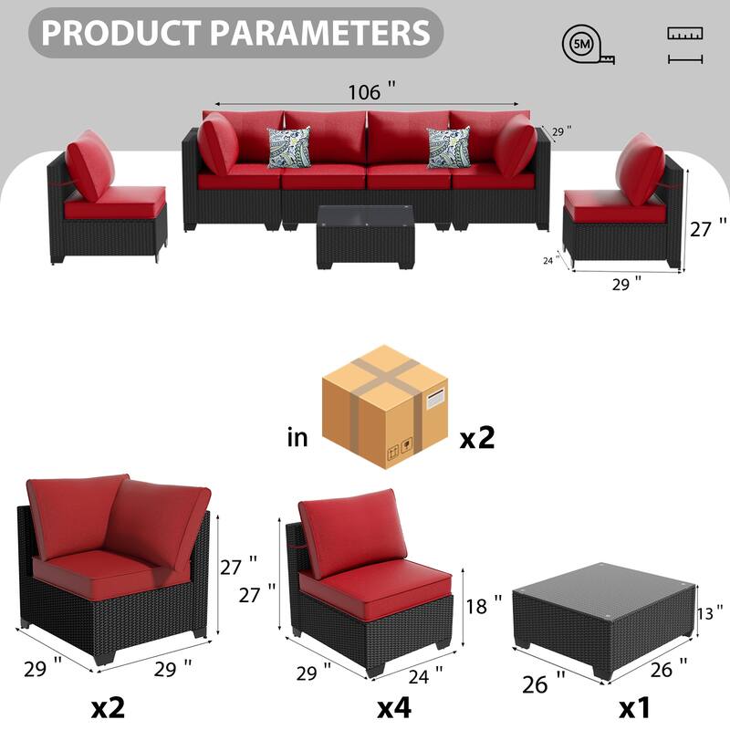 7-Piece Outdoor Patio Furniture Set Sectional Sofa Chairs and Tempered Glass Coffee Table PE Rattan Steel Frame with Cushions