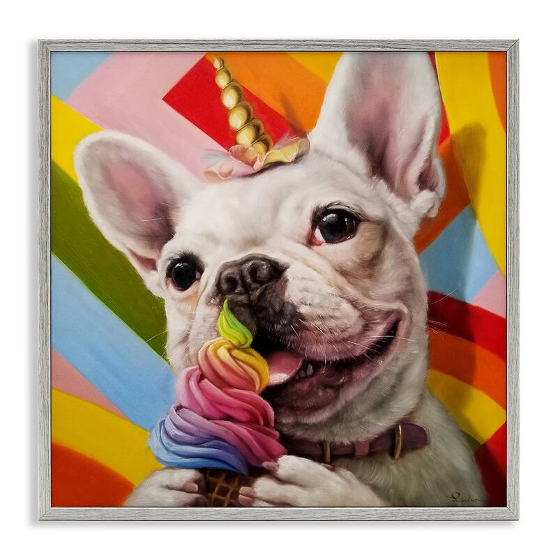 Stupell Rainbow French Bulldog Unicorn Ice Cream Colorful Framed Wall Art - 17 x 17 - Grey