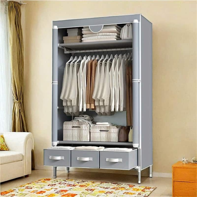 Portable Clothes Closet Rolling Door Wardrobe with Hanging Rack