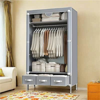 Portable Clothes Closet Rolling Door Wardrobe with Hanging Rack