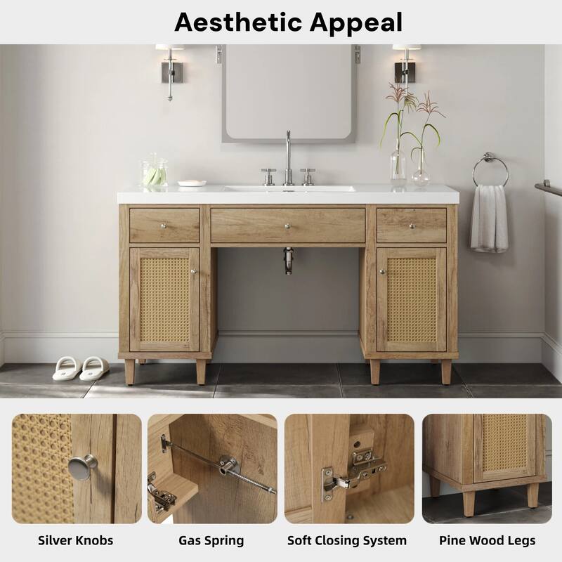 60 Inch Bathroom Vanity with SMC Sink, Modern Spacious Bathroom Storage Cabinet with Soft Close Drawers and Tip-Out Tray