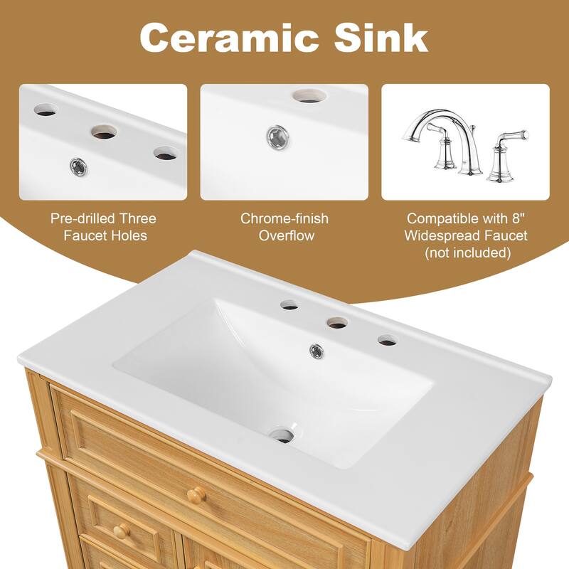 Rossetta 30" Modern Elegant Wooden Freestanding Bathroom Vanity Cabinet with Flip-Out Drawer and Sink