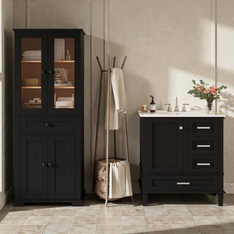67.57" Tall Bathroom Storage Cabinet and 30" Bathroom Vanity with Sink Combo, Modern Freestanding Cabinet Set with Glass Doors