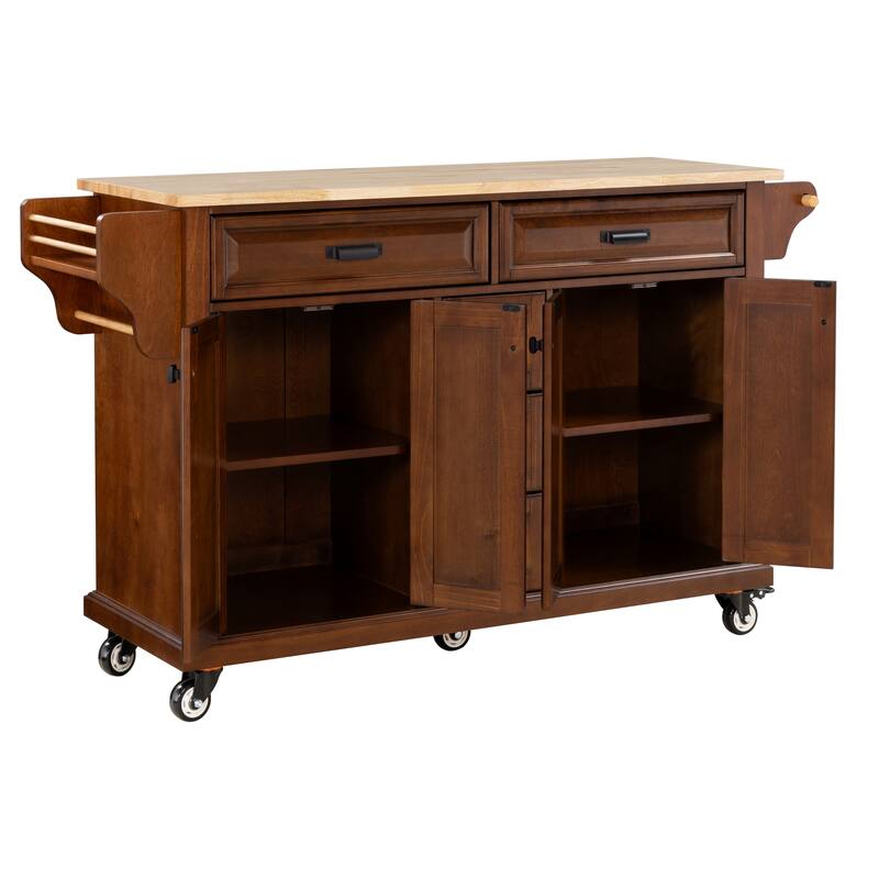 Kitchen Island with Rubber wood Countertop, Kitchen Cart on 5 Wheels with Storage Cabinet and 5 Drawers for Dinning Room