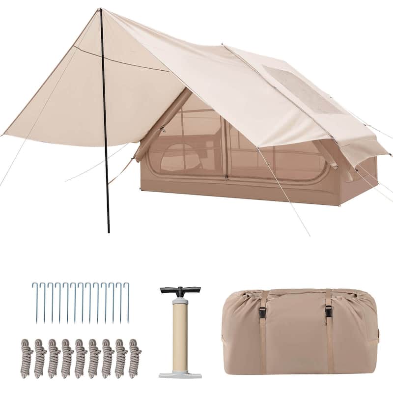 Inflatable Tent for Camping Blow Up Tents with Pump for 4-6 Person - Beige