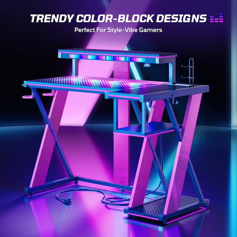 Bestier 42" Computer Desk with Music Sync Light, Corner Desk with Monitor Stand and PS5 Storage Shelves and Headset Hooks