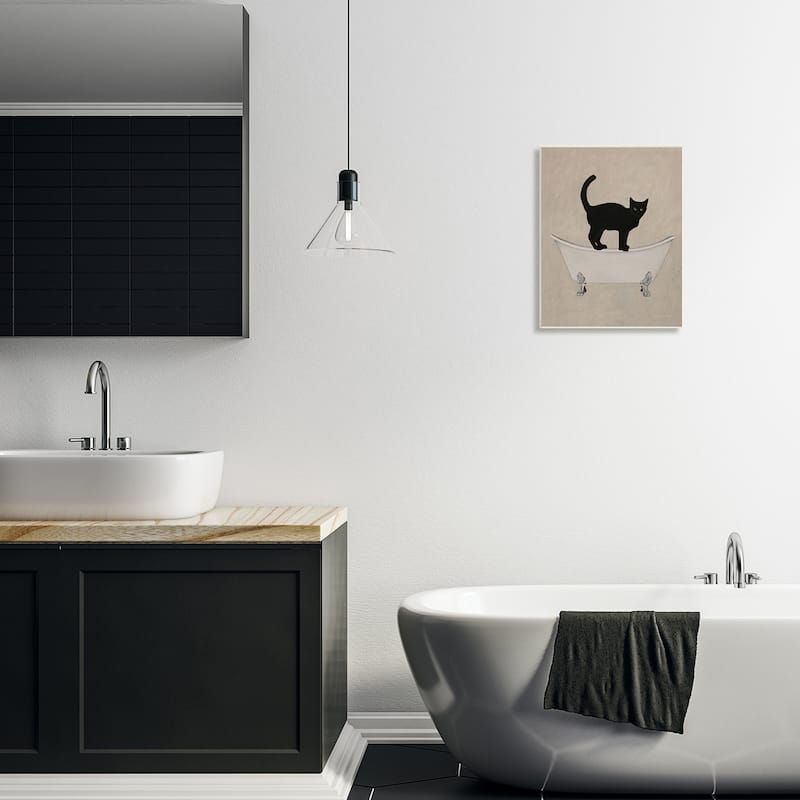Stupell Black Cat Simple Claw Foot Bathtub Bathroom Painting Wood Wall Art
