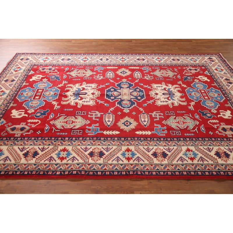 Red Geometric Kazak Area Rug Hand-Knotted Living Room Wool Carpet - 6'8" x 9'9"