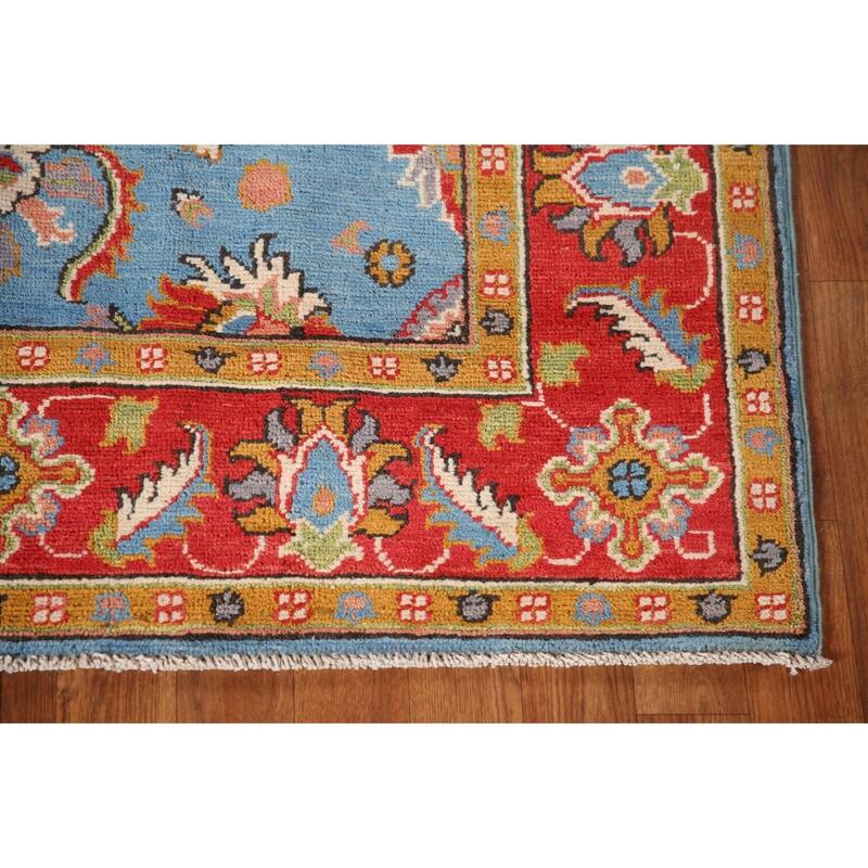 Light Blue Floral Kazak Oriental Area Rug Hand-Knotted Wool Carpet - 4'1"x 6'0"