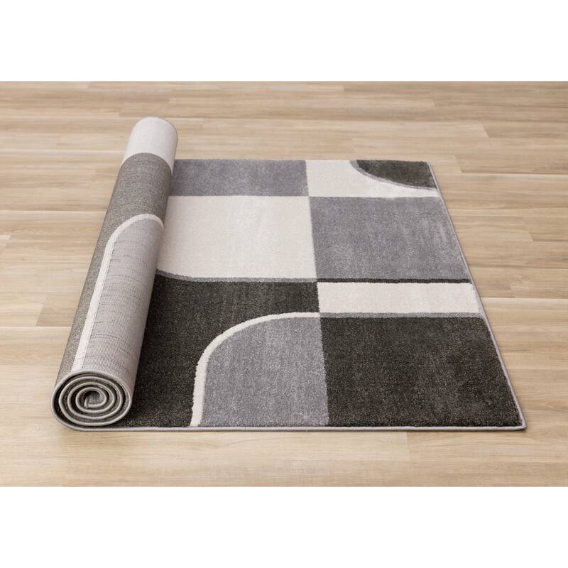 Grey Black White Mid Century Geometric High-Traffic Rug