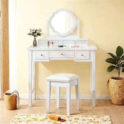 Makeup Vanity Table with Reversible Mirror,Dressing Table Set w/Stool
