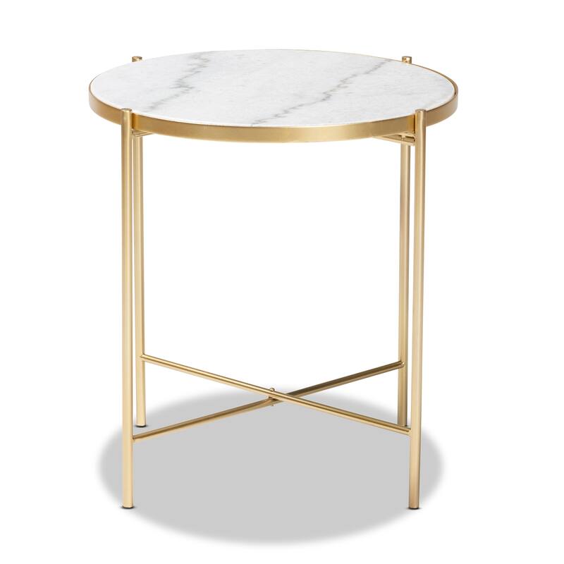 Maddock Contemporary Gold Metal End Table with Real Marble Tabletop