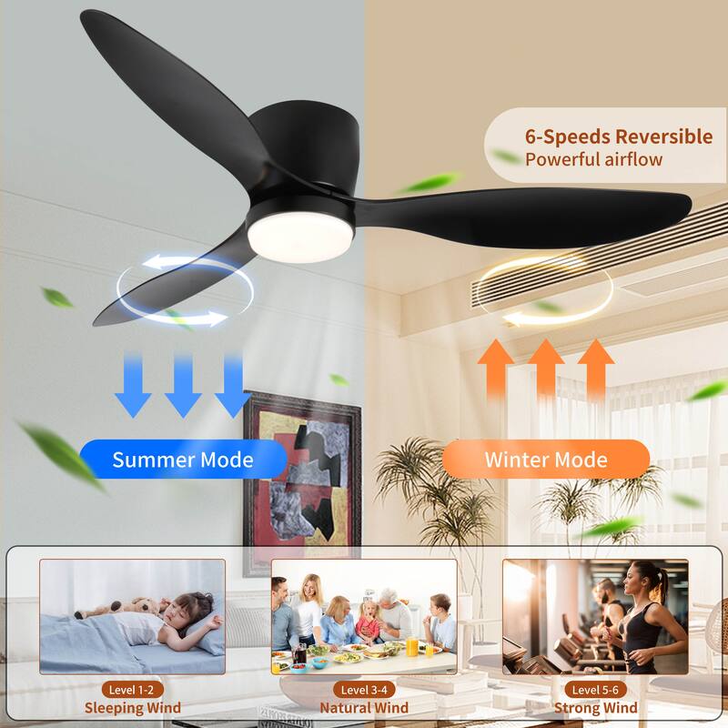 52" Smart Flush Mount Ceiling Fans with Lights Remote,Quiet DC Motor, Low Profile white Ceiling Fan,Control with WIFI Alexa App