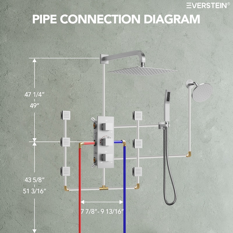 Thermostatic Dual Shower System 12" and 6" Rainfall Shower Head with 6 Body Jets & Handheld Shower