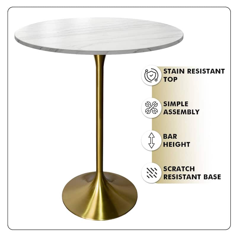 LeisureMod Verve 27" Bar Dining Table with Sintered Stone Round Top in Gold Steel, Gold Marbleized