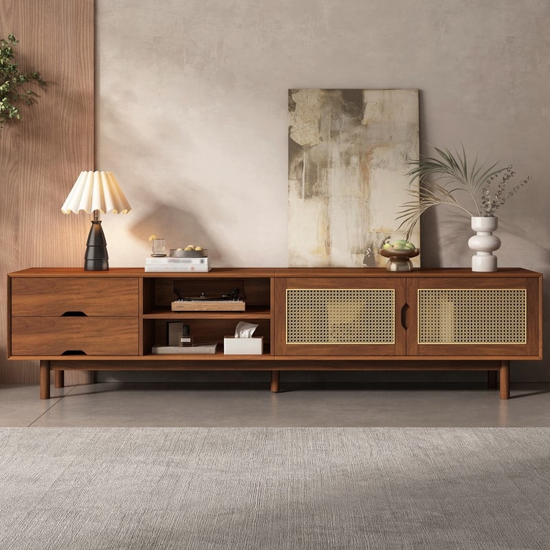 78" TV Stand for TVs up to 85", Rattan Media Console Entertainment Center with 2 Drawers for Living Room