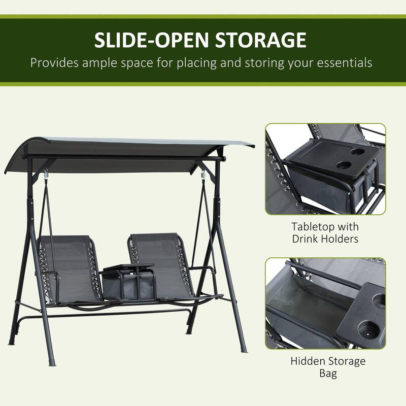 Outsunny 2 Person Covered Porch Swing with Pivot Storage Table, Cup Holder, & Adjustable Overhead Canopy, Grey