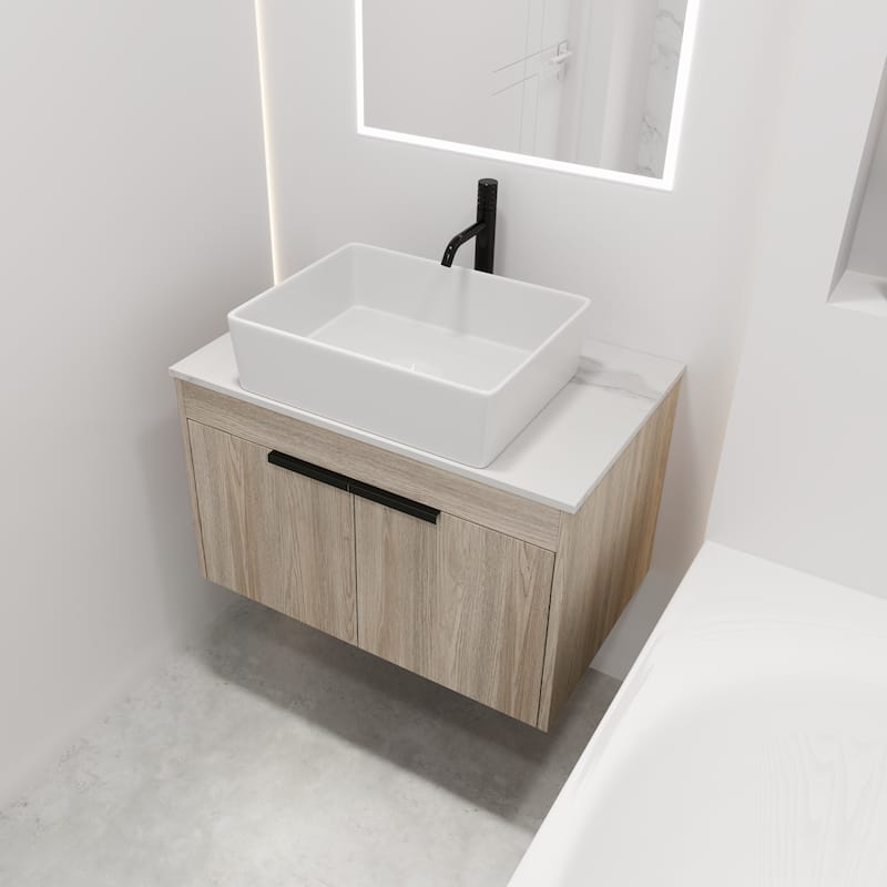 30 "Float Bathroom Vanity With Ceramic Basin Set,Wall Mounted White Oak Vanity With Soft Close Door,2 Pieces Parcel