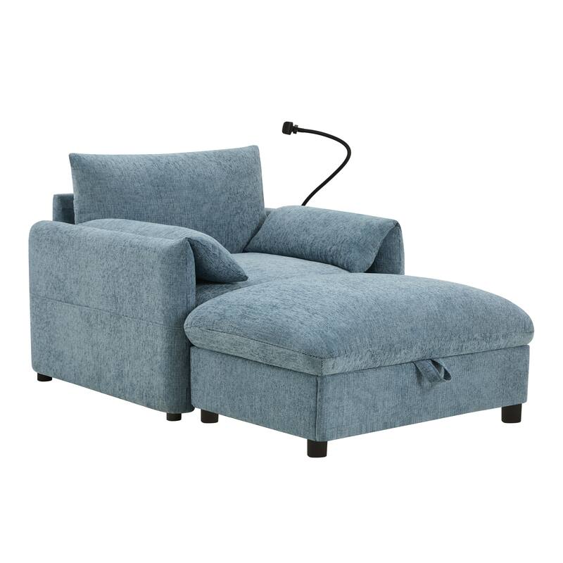 Single Sofa Chair and Storage Ottoman Sets, Chenille Accent Chair Wide Seat Chaise Lounge Couch with Phone Holder & USB Chargers