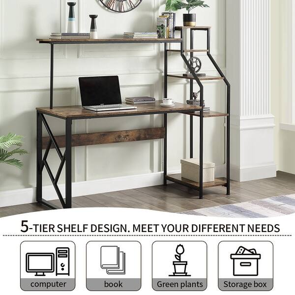 Home Office Writing Study Table With 5 Tier Bookshelves(Brown) - Bed ...
