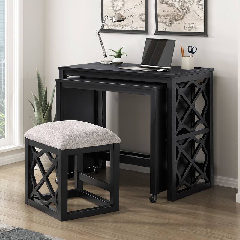 Desks and Stool Set 3pc Rolling Desk with Casters, 2 Charging ports Home Office Furniture - Black