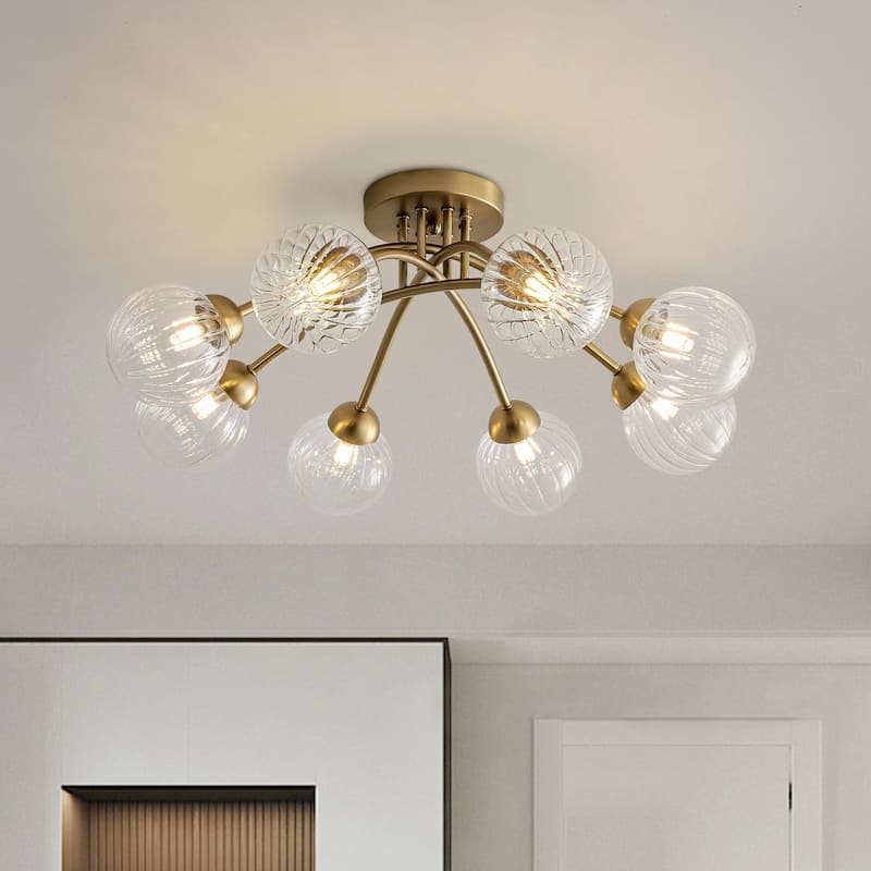 Contemporary Clear Ribbed Glass Globe Round Sputnik Ceiling Light 27in
