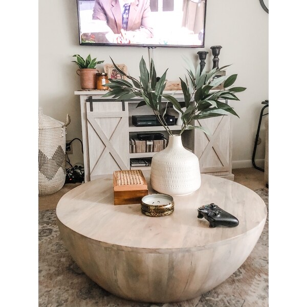 Distressed Mango Wood Round Coffee Table On Sale Overstock 27296417 Dark wood mirror, cherry wood table, decorative wood panels for walls, real wood cabinets, barnwood mirror modern dakota z shaped side table solid mango wood dark shade homescapes. distressed mango wood round coffee